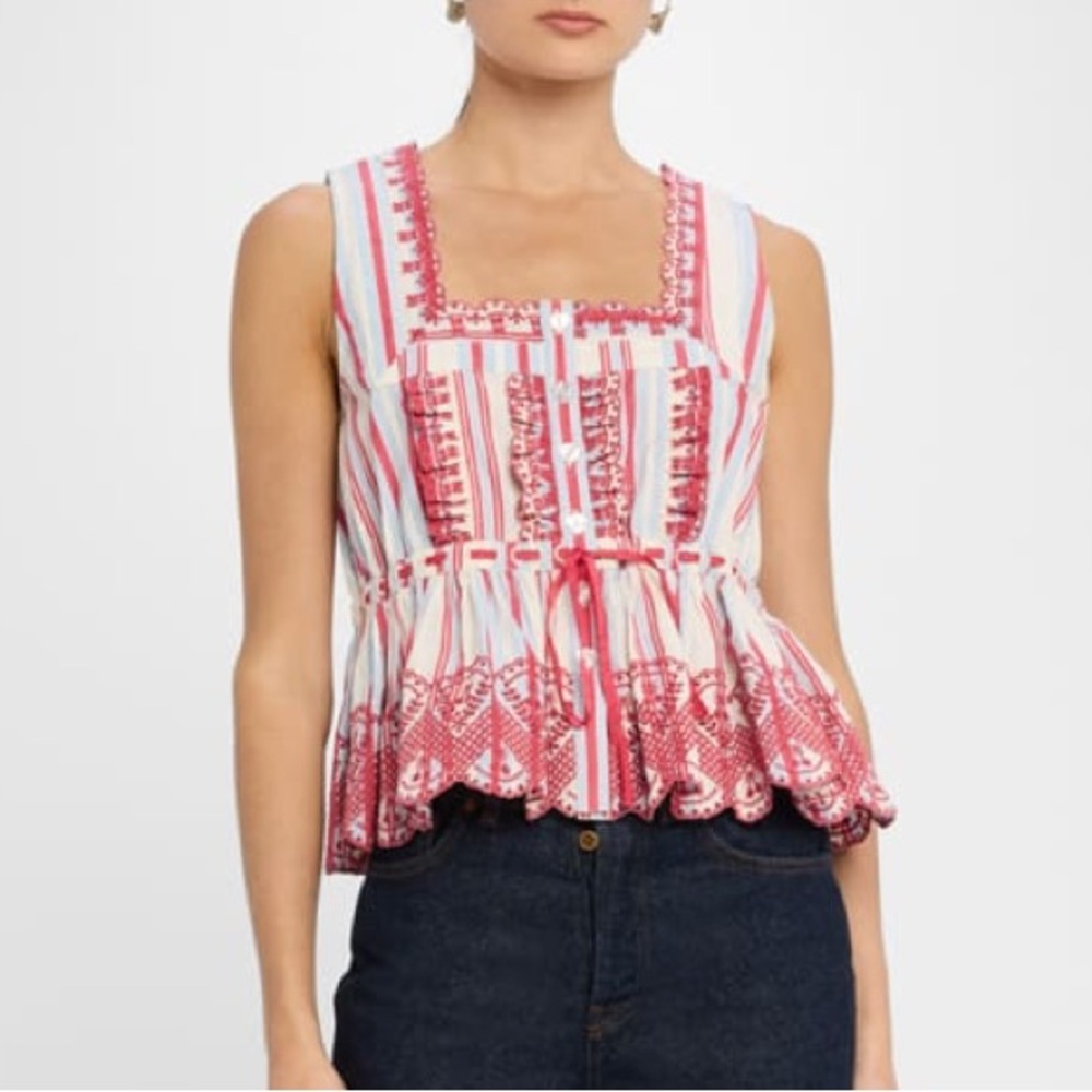 Damson Madder Amaya Embroidered Sleeveless Blouse in Blue/Pink Size 10 (us 6)